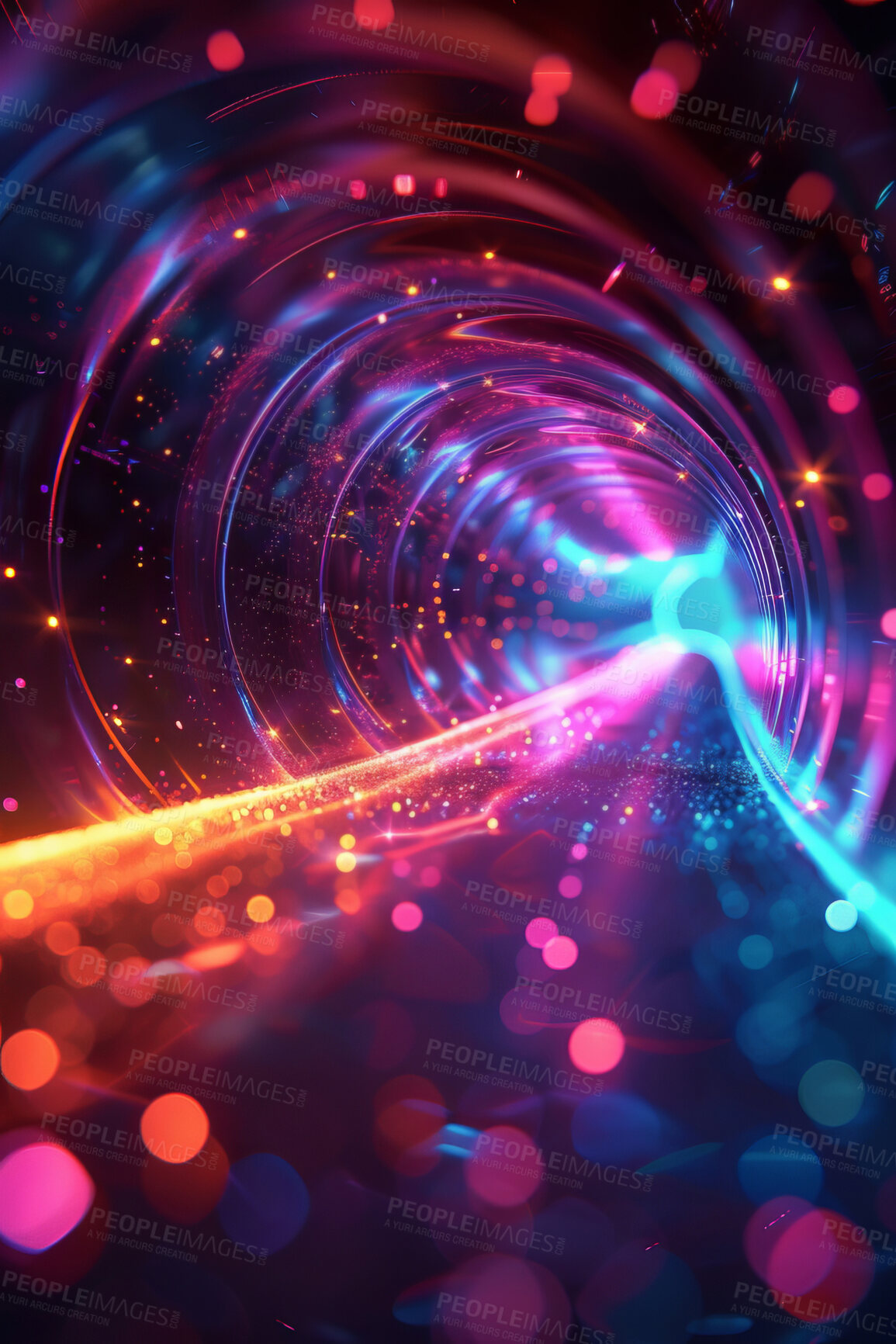 Buy stock photo Abstract, tunnel and multicolor neon with circles for screensaver, wallpaper and effect with lights. Sparkle, round shapes and pattern with shine, reflection and creative aesthetics with night view