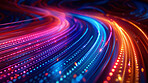 Sound wave, glow wallpaper and neon with abstract patterns for frequency flow, data transfer and technology. Futuristic design, innovation and colorful dots for cloud computing and connection stream