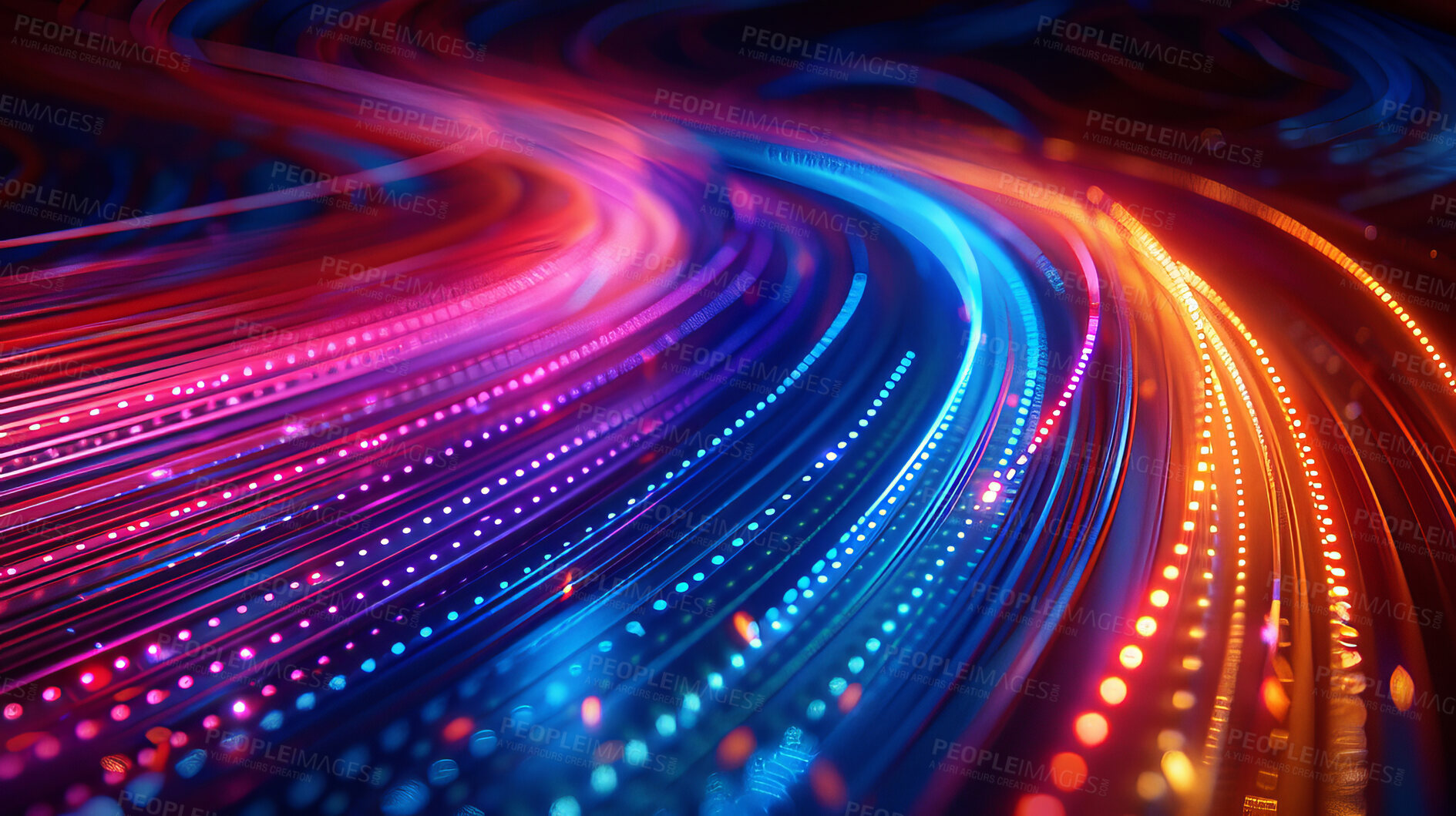 Buy stock photo Sound wave, glow wallpaper and neon with abstract patterns for frequency flow, data transfer and technology. Futuristic design, innovation and colorful dots for cloud computing and connection stream