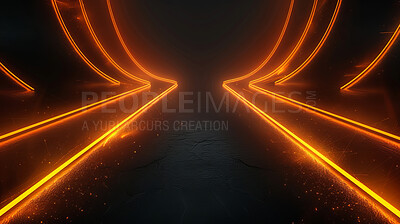 Lights, abstract art and waves with color, futuristic and creativity with texture and pattern with energy. Stage entrance, glow and lines with neon art deco and wallpaper with dark background and
