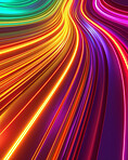 Speed, abstract art and lines with color, glow and creativity with neon lights and pattern with energy. Empty, shine and waves with tech and fiber with dark background, futuristic and innovation