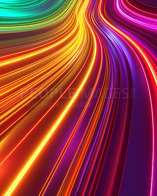Speed, abstract art and lines with color, glow and creativity with neon lights and pattern with energy. Empty, shine and waves with tech and fiber with dark background, futuristic and innovation