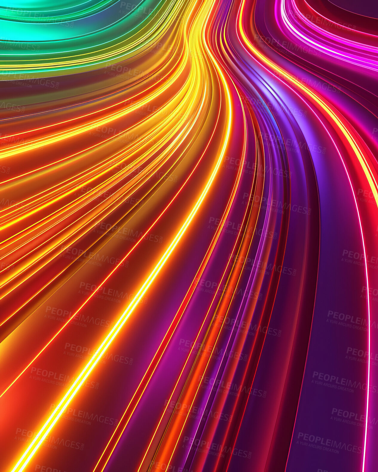 Buy stock photo Speed, abstract art and lines with color, glow and creativity with neon lights and pattern with energy. Empty, shine and waves with tech and fiber with dark background, futuristic and innovation