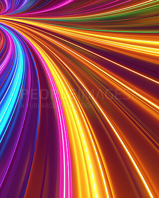 Neon, abstract and wallpaper of background, lines and glow or speed of light, bright and color of digital. Laser, virtual reality and infinity of illumination, fluorescent and ultraviolet of render