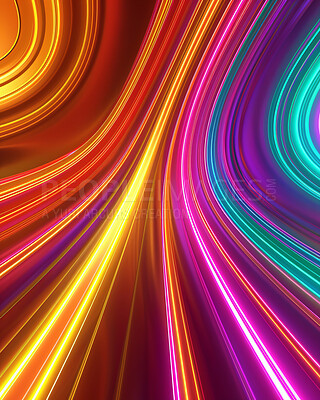 Neon, abstract and wallpaper of background, energy and glow or speed of light, bright and color of digital. Laser, virtual reality and infinity of illumination, fluorescent and ultraviolet of render