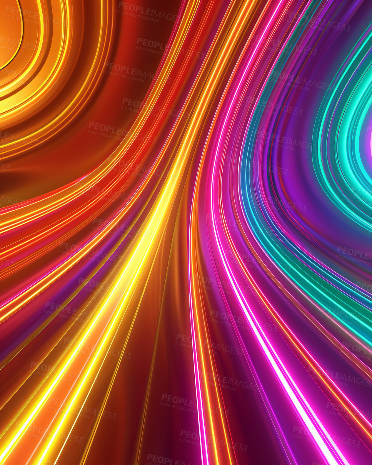 Buy stock photo Neon, abstract and wallpaper of background, energy and glow or speed of light, bright and color of digital. Laser, virtual reality and infinity of illumination, fluorescent and ultraviolet of render