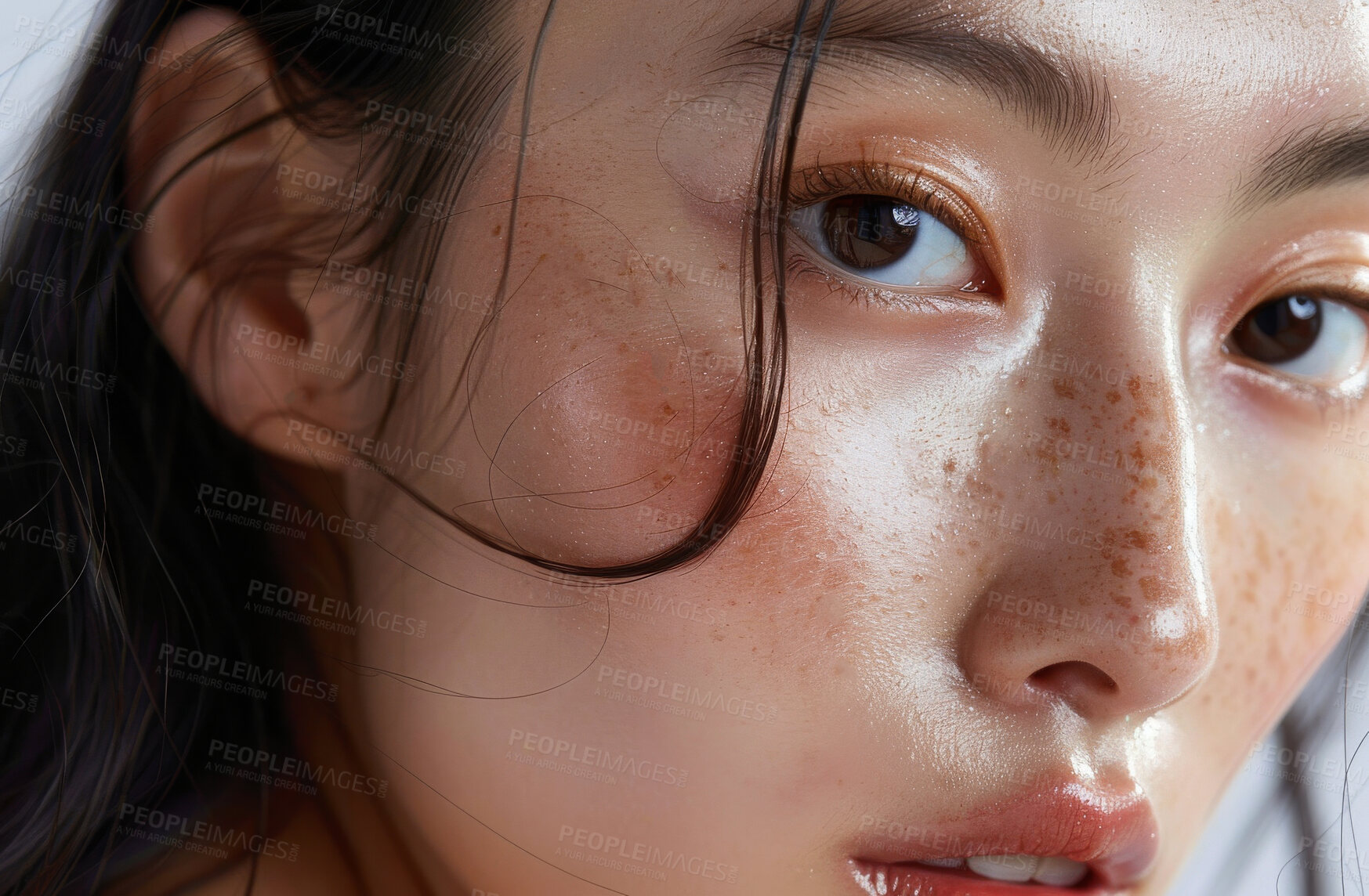 Buy stock photo Beauty, eyes and portrait of asian woman with freckles in studio closeup for skincare. Aesthetic beauty, face and skincare with confident or natural young model at spa for cosmetics or dermatology