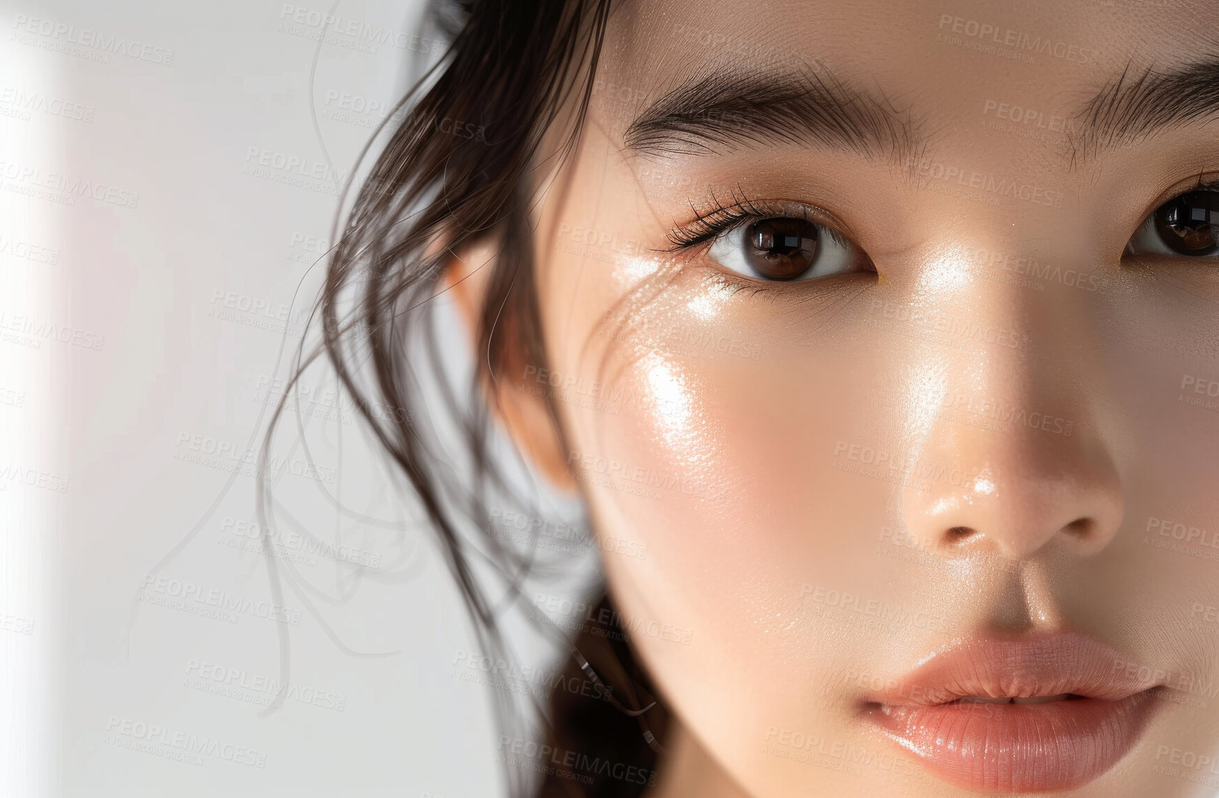 Buy stock photo Beauty, makeup and portrait of young asian woman in studio on gray background for skincare. Aesthetic, face and wellness with confident or natural young model at spa for cosmetics or dermatology