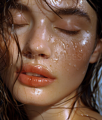 Buy stock photo Girl, calm and water drops for skincare or face routine in studio, cleaning and wellness. Woman, h2o and splash for hydration on skin, droplets and moisture for refreshing and isolated with closeup.