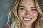 Happy, portrait and woman with skincare for confidence,  self love and dermatology treatment. Female person, freckles and pride with healthy skin for natural beauty, cosmetics and identity acceptance