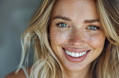 Buy stock photo Happy, portrait and woman with skincare for confidence,  self love and dermatology treatment. Female person, freckles and pride with healthy skin for natural beauty, cosmetics and identity acceptance