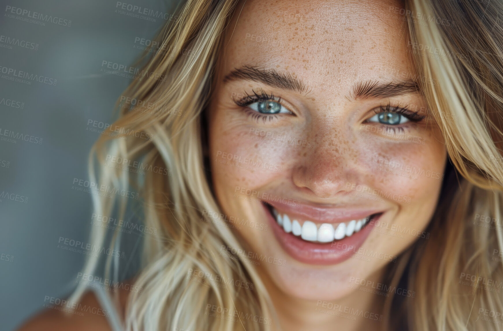 Buy stock photo Happy, portrait and woman with skincare for confidence,  self love and dermatology treatment. Female person, freckles and pride with healthy skin for natural beauty, cosmetics and identity acceptance