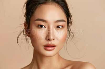 Buy stock photo Beauty, makeup and portrait of natural asian woman in studio isolated on cream background. Dermatology, face and skincare with aesthetic or confident young model at spa for change or transformation