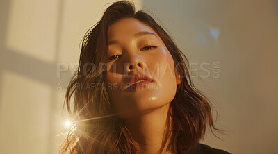 Buy stock photo Beauty, makeup and portrait of asian woman with light in home for morning skincare routine. Face, change or wellness and confident or natural young model with flare for cosmetics or dermatology