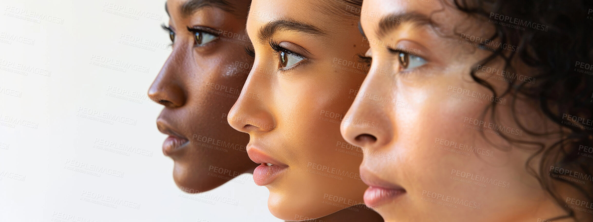 Buy stock photo Studio, closeup and people with diversity for skincare, equality and beauty on white background. Cosmetics, empowerment and group of women with thinking for support, inclusion and dermatology glow