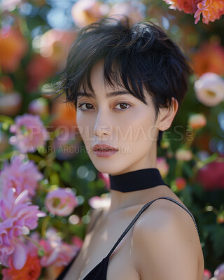 Asian woman, portrait and flowers for beauty cosmetics or eco friendly dermatology, sustainability or environmental. Female person, face and confident skincare with nature floral, outdoor or bloom