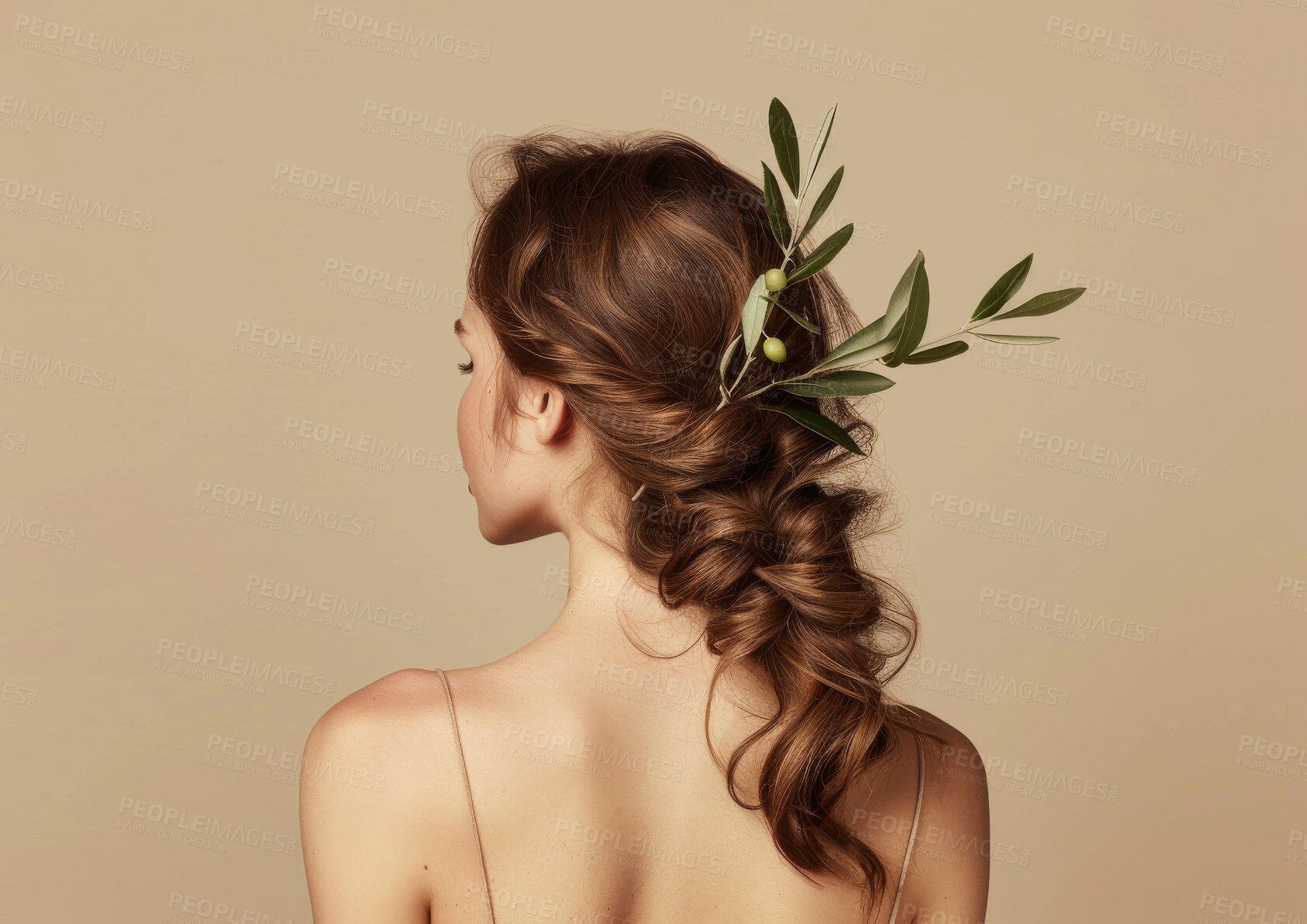 Buy stock photo Back, plant and woman with hair care, beauty and natural treatment on beige studio background. Rear view, branch and model with mockup space or grooming for shine, glow or texture with organic growth