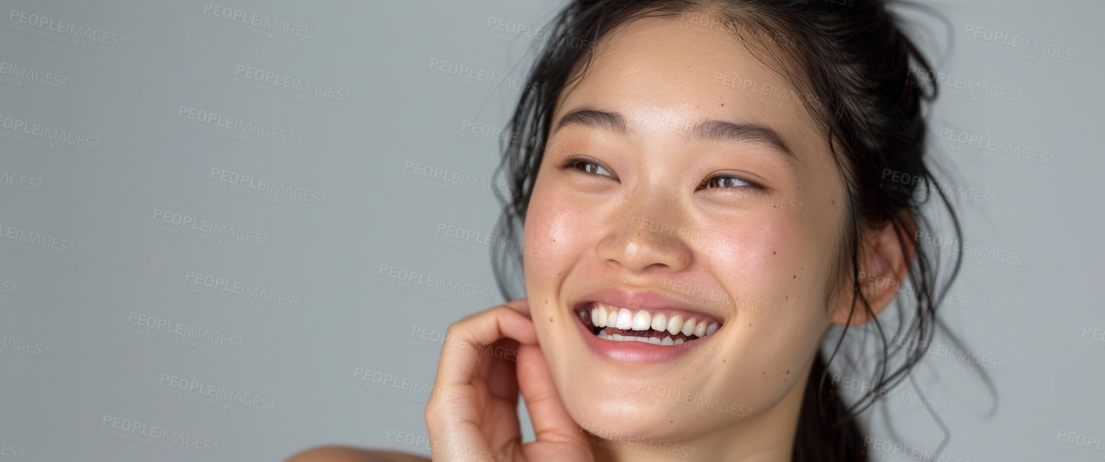 Buy stock photo Happy, beauty and Asian woman with makeup, skincare and wellness on grey studio background. Person, model or girl with healthy skin, glow or luxury with dermatology or aesthetic with beauty and smile