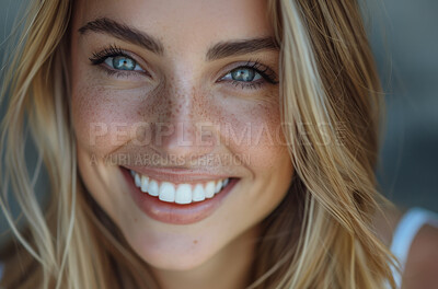 Buy stock photo Smile, skincare and portrait of woman with confidence, self love and dermatology treatment. Freckles, pride and female person with natural beauty for cosmetics, healthy skin and identity acceptance