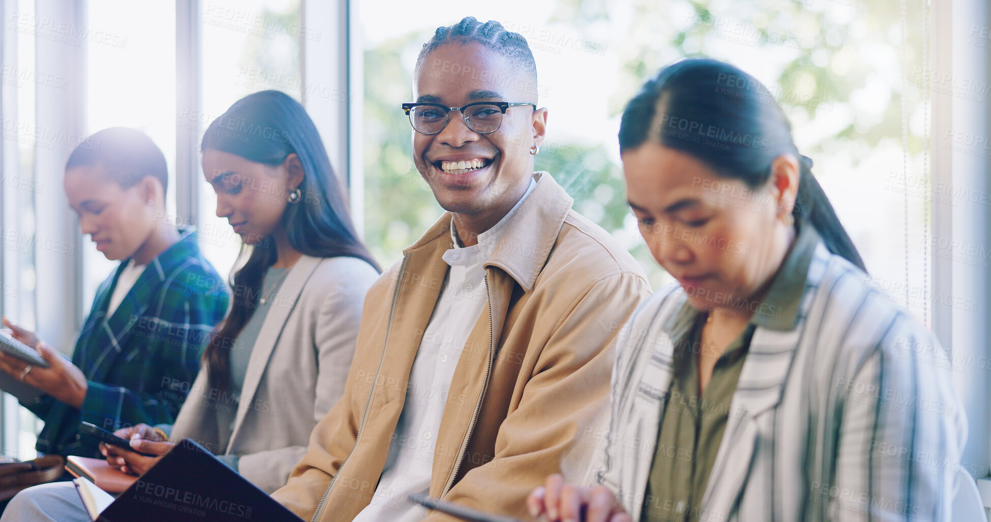 Buy stock photo Workshop, business man and face at office presentation and learning convention with a smile. Audience, company group and happy African professional with team notes for work training of working staff