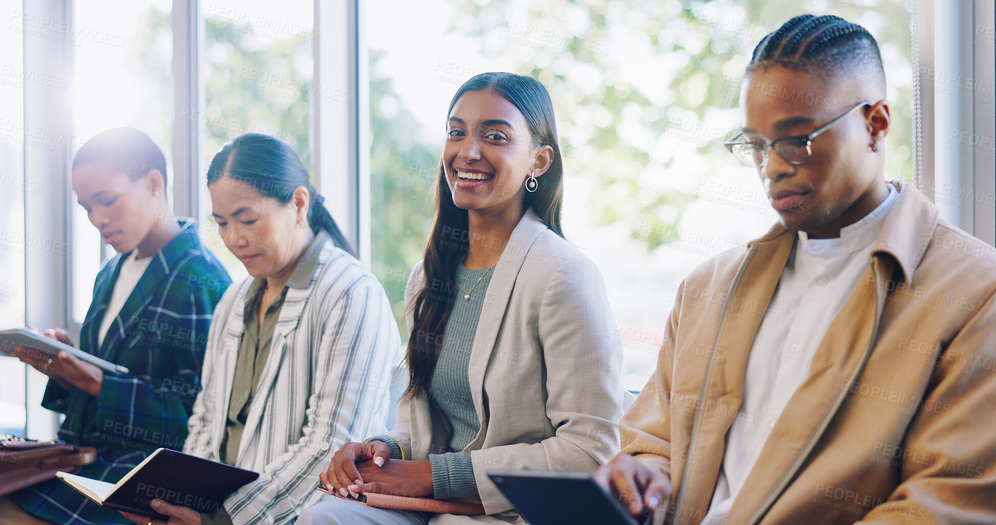 Buy stock photo Workshop, business woman and face at office presentation and learning convention with a smile. Audience, company group and happy female professional with team notes for work training of working staff