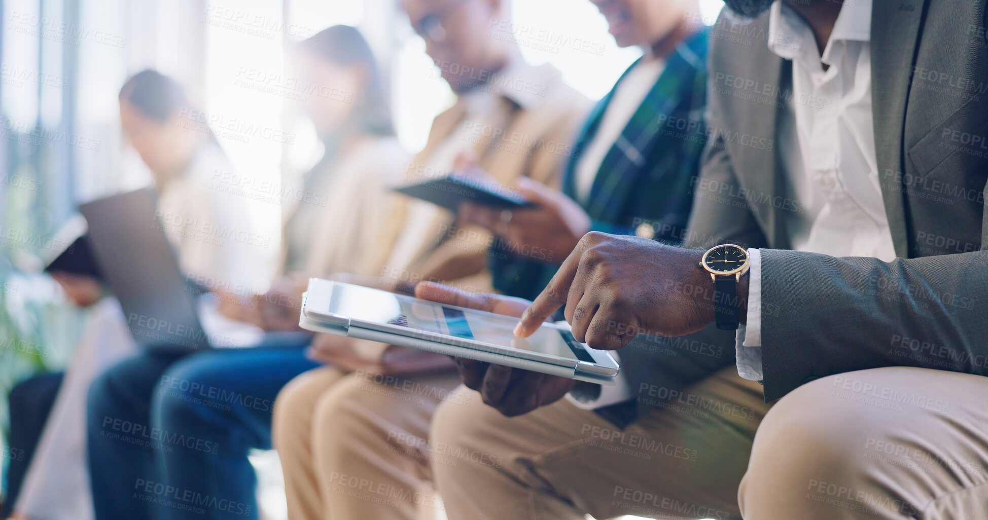 Buy stock photo Workshop, business tablet and hands at office presentation and learning convention. Audience, company group and professional technology with team notes for work conference training of working staff