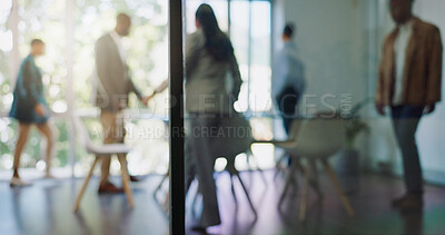 Buy stock photo Business, office and blurred with meeting for public relations job and partnership. Company, staff and professional crowd in a conference room for collaboration and planning in boardroom for project