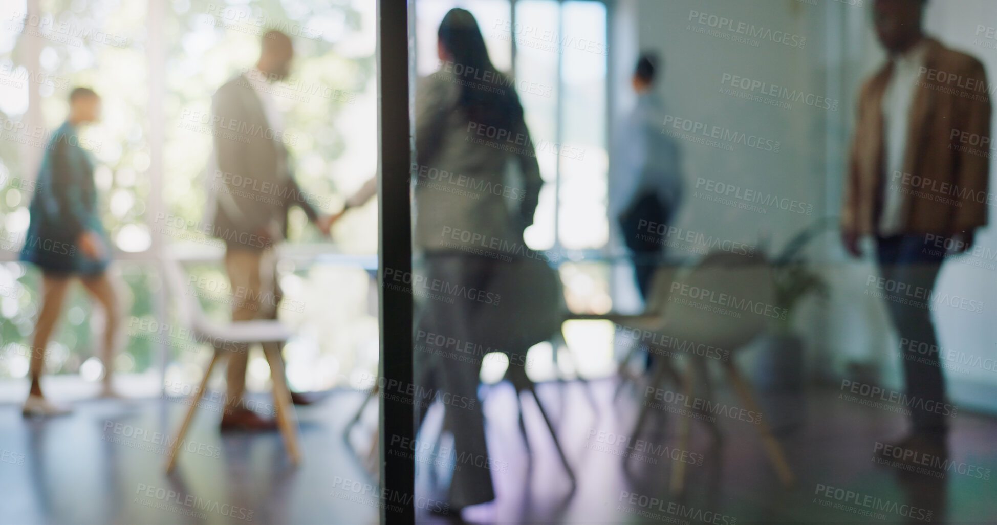 Buy stock photo Business, office and blurred with meeting for public relations job and partnership. Company, staff and professional crowd in a conference room for collaboration and planning in boardroom for project