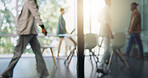 Blurred background, business people and flare with walking in office boardroom for meeting or planning. Corporate, training or workshop with  employee group in professional workplace together