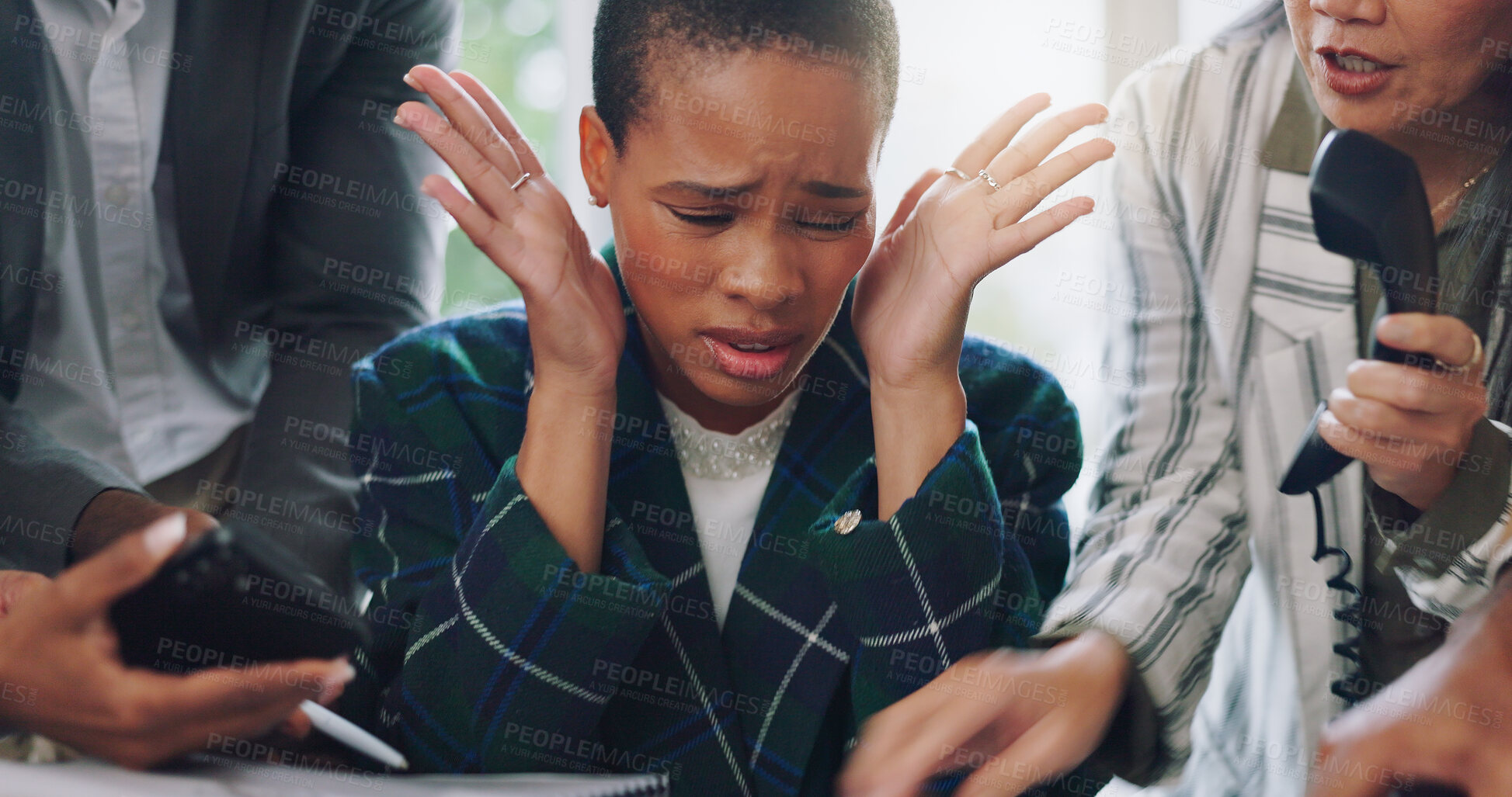 Buy stock photo Headache, chaos and business woman stress for time management mistake, project risk and job crisis. Phone call, angry and frustrated manager with anxiety, depression and pain with people or problem