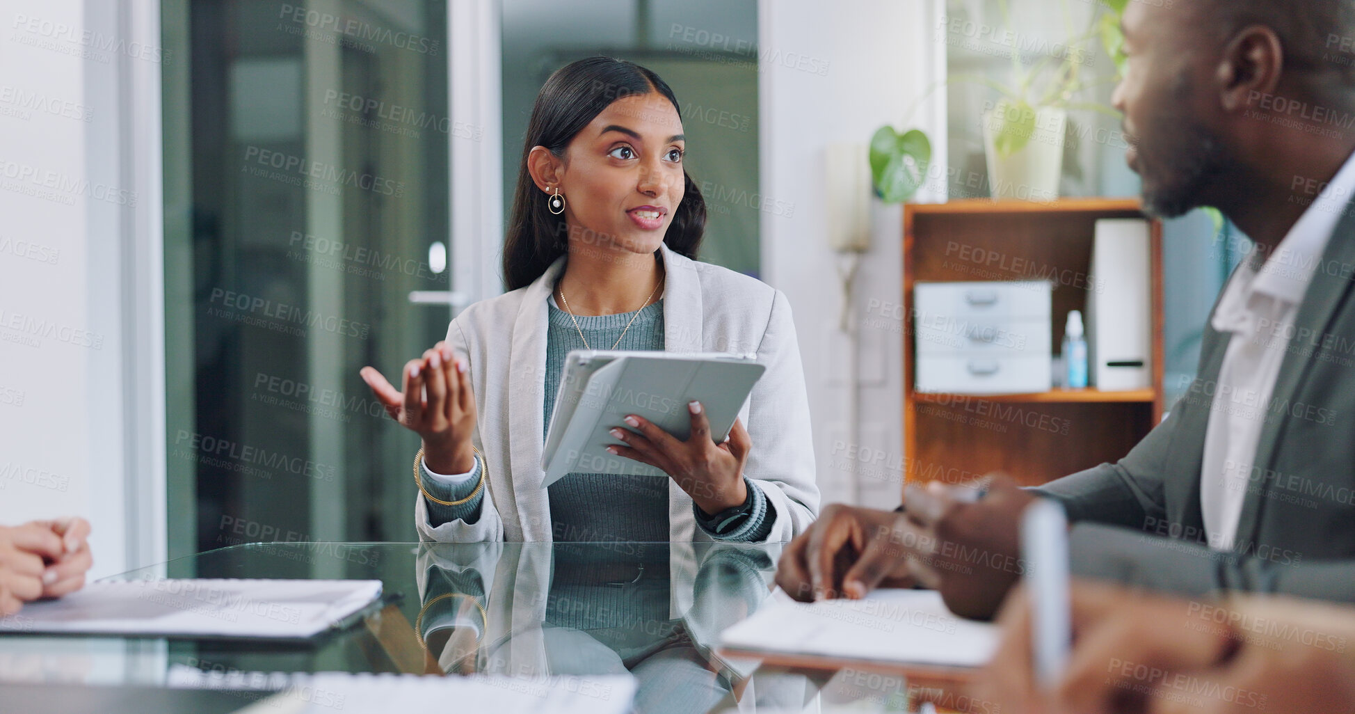 Buy stock photo Tablet, business people with woman boss and pitch feedback for project management workshop. Teamwork, meeting and happy team with ceo, online report and brainstorming together on work proposal ideas.