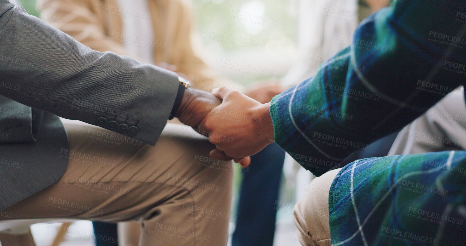 Buy stock photo Holding hands, support and people praying or worship God together in a circle gathering for gratitude, care and trust. Spiritual, religion and group with hope or respect for Christian solidarity