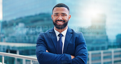Crossed arms, city and face of business black man for travel, pride and happy in urban town. Corporate manager, professional worker and portrait of entrepreneur for career ambition, working and job