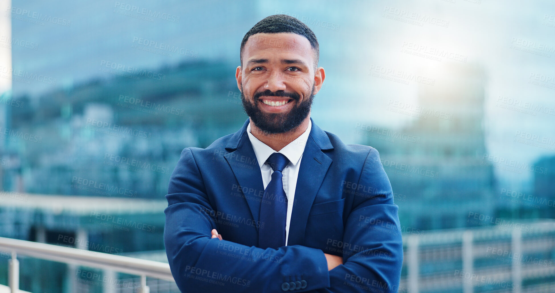 Buy stock photo Crossed arms, city and face of business black man for travel, pride and happy in urban town. Corporate manager, professional worker and portrait of entrepreneur for career ambition, working and job