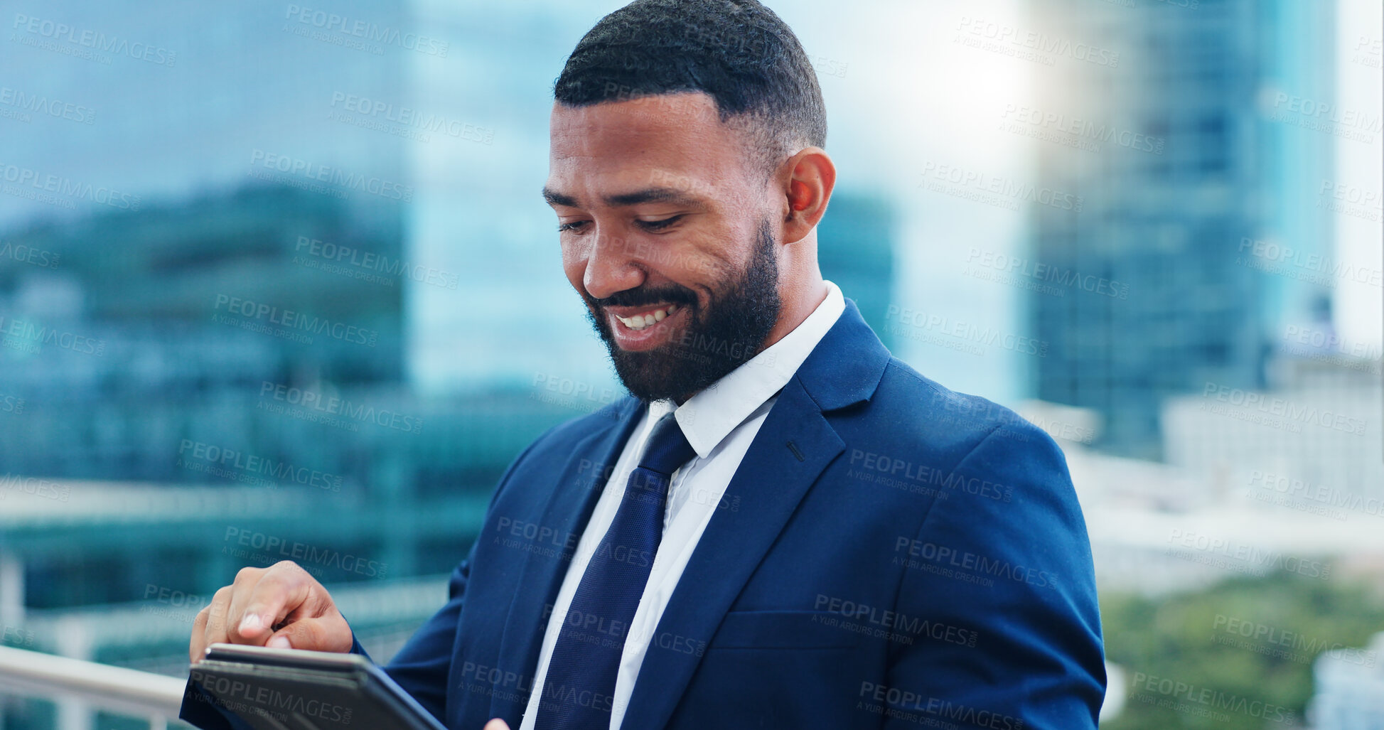 Buy stock photo Tablet, business and happy black man in city for typing email, news notification and website. Professional, corporate and person on digital tech for networking, online research or internet on balcony