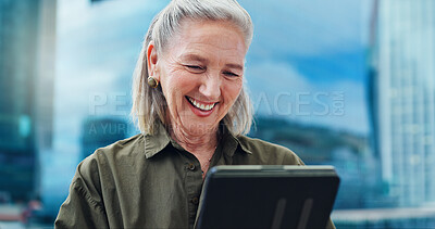 Senior, woman and laughing with tablet for business outdoor in city with corporate meme or social media joke. Elderly, entrepreneur and comedy with technology for internet scroll or funny web search