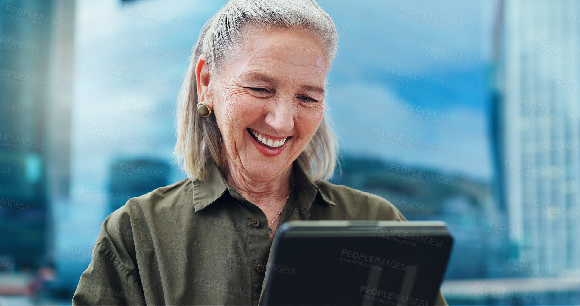 Buy stock photo Senior, woman and laughing with tablet for business outdoor in city with corporate meme or social media joke. Elderly, entrepreneur and comedy with technology for internet scroll or funny web search