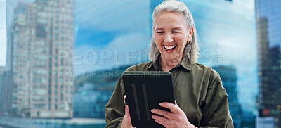 Senior, woman and laughing with tablet for business outdoor in city with corporate meme or social media joke. Elderly, entrepreneur and comedy with technology for internet scroll or funny web search
