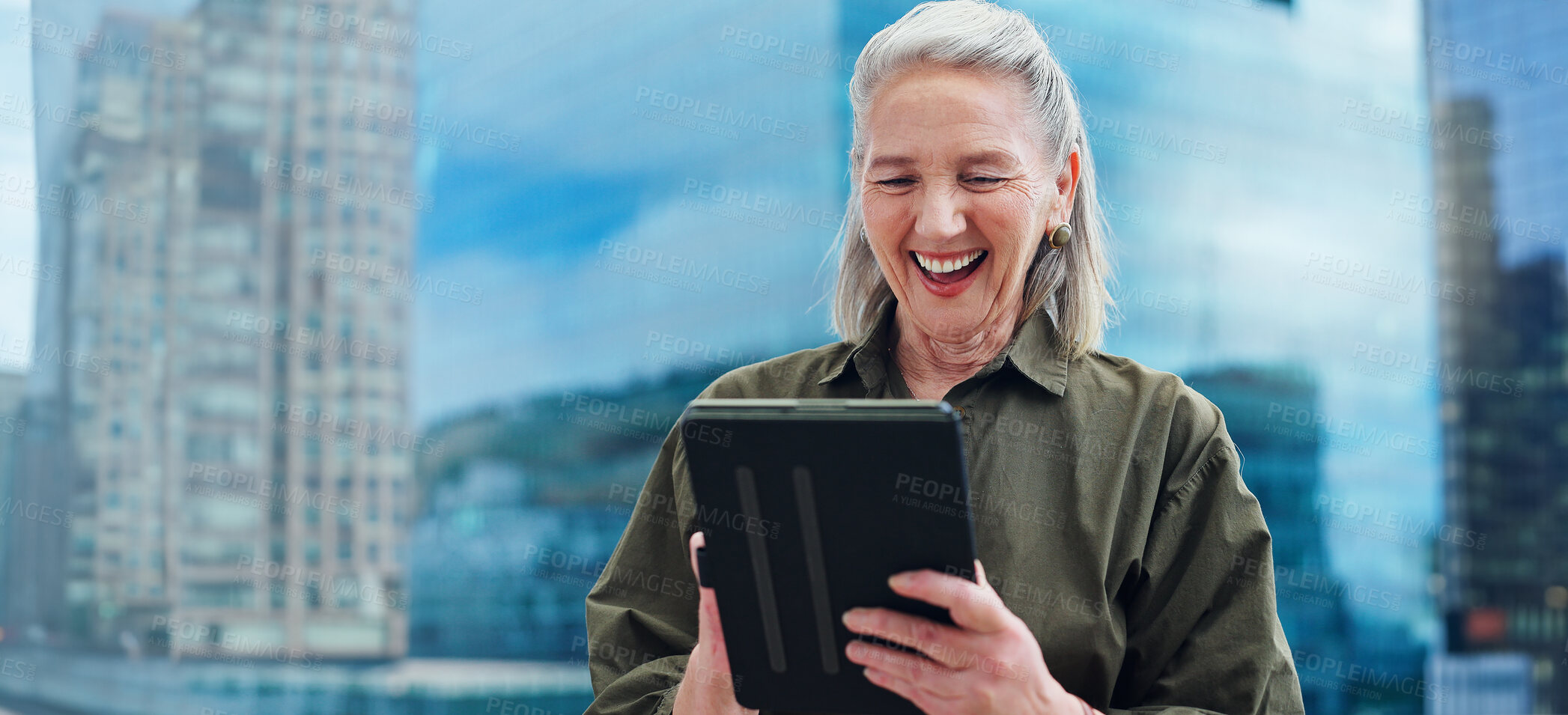 Buy stock photo Senior, woman and laughing with tablet for business outdoor in city with corporate meme or social media joke. Elderly, entrepreneur and comedy with technology for internet scroll or funny web search