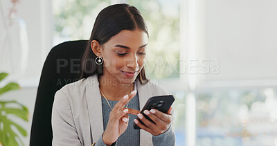 Woman, smartphone and excited in office with texting, online date and romantic web chat in workplace with smile. Secretary girl, phone and happy for contact, social media and search for love on app