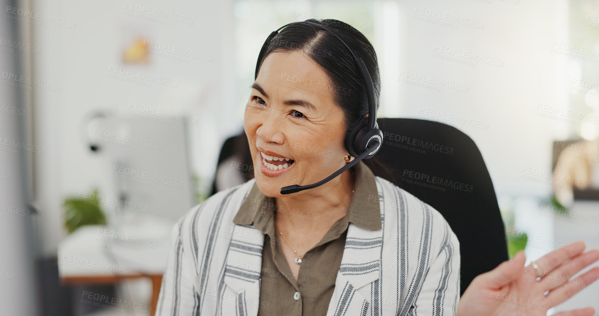 Buy stock photo Asian woman, call center and documents in virtual meeting, discussion or customer service at the office. Friendly female person, consultant or agent talking and hello for online webinar at workplace