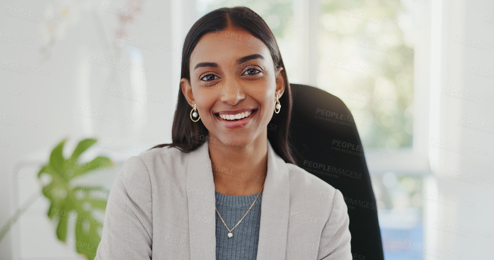 Buy stock photo Happy business woman, office and accountant smile for career ambition, secretary or financial advisor. Face portrait of female person in pride for accounting job, Helpdesk or success at the workplace