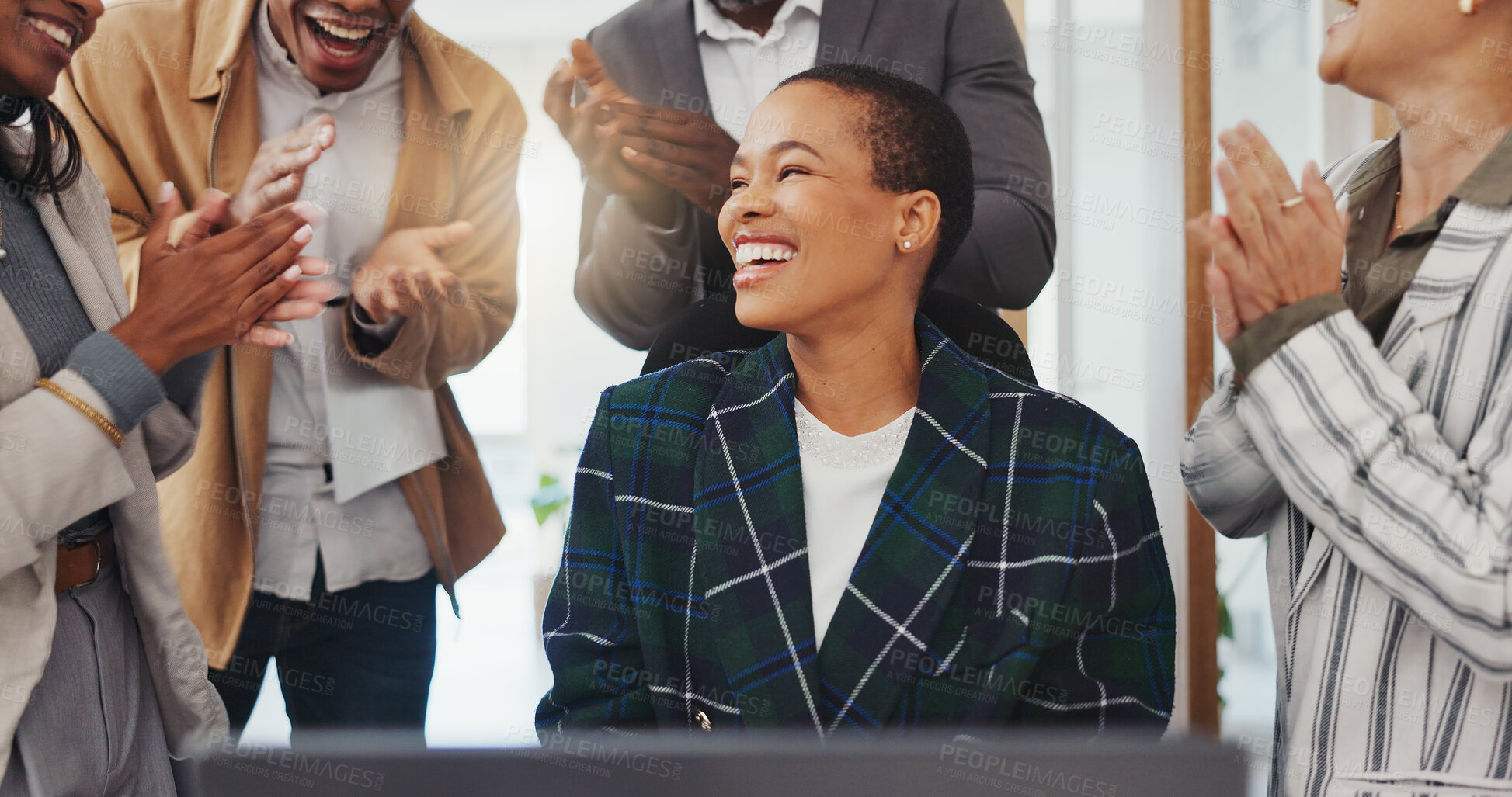 Buy stock photo Black woman, congratulations and business team applause, happiness and celebrate winning, success or growth. Winner, thank you and people clapping for promotion opportunity, goals or PC announcement