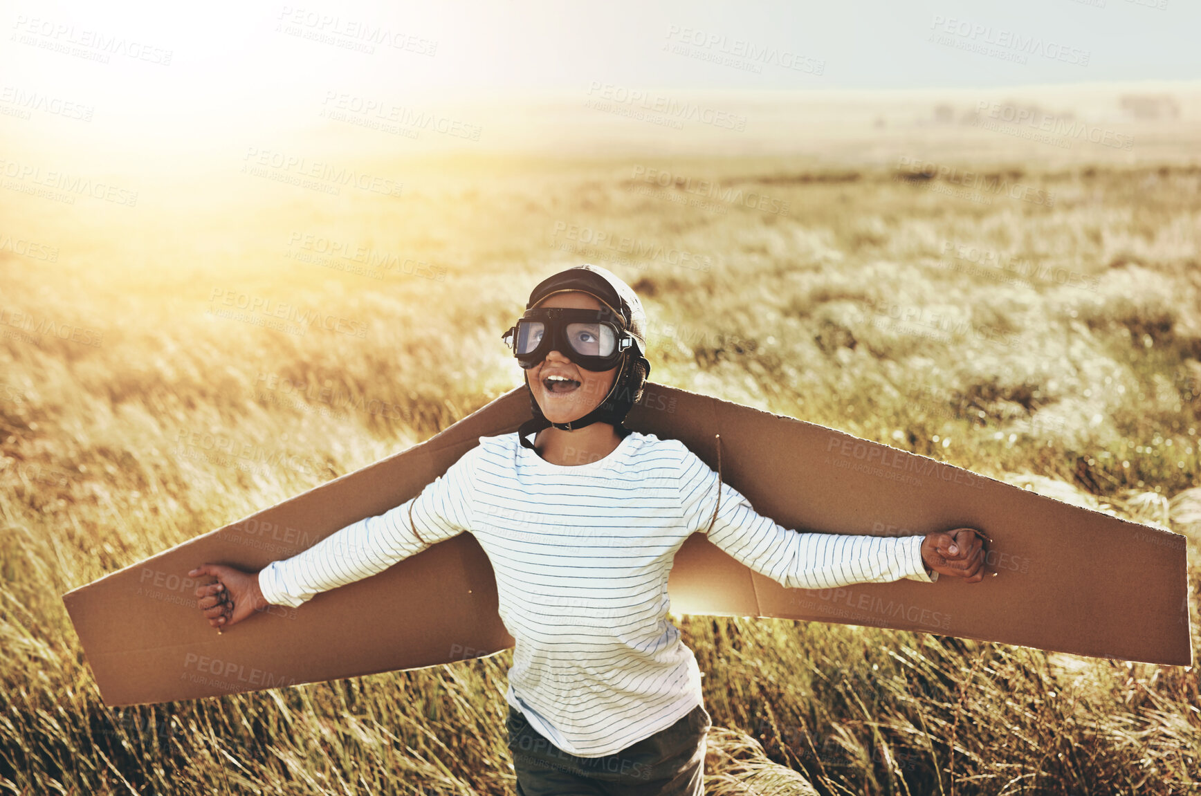 Buy stock photo Boy child, nature and cardboard for fly machine or future goal for career, dream for job as airplane pilot. Male kid, adventure and freedom in field with lens flare on vacation, innovation for wings