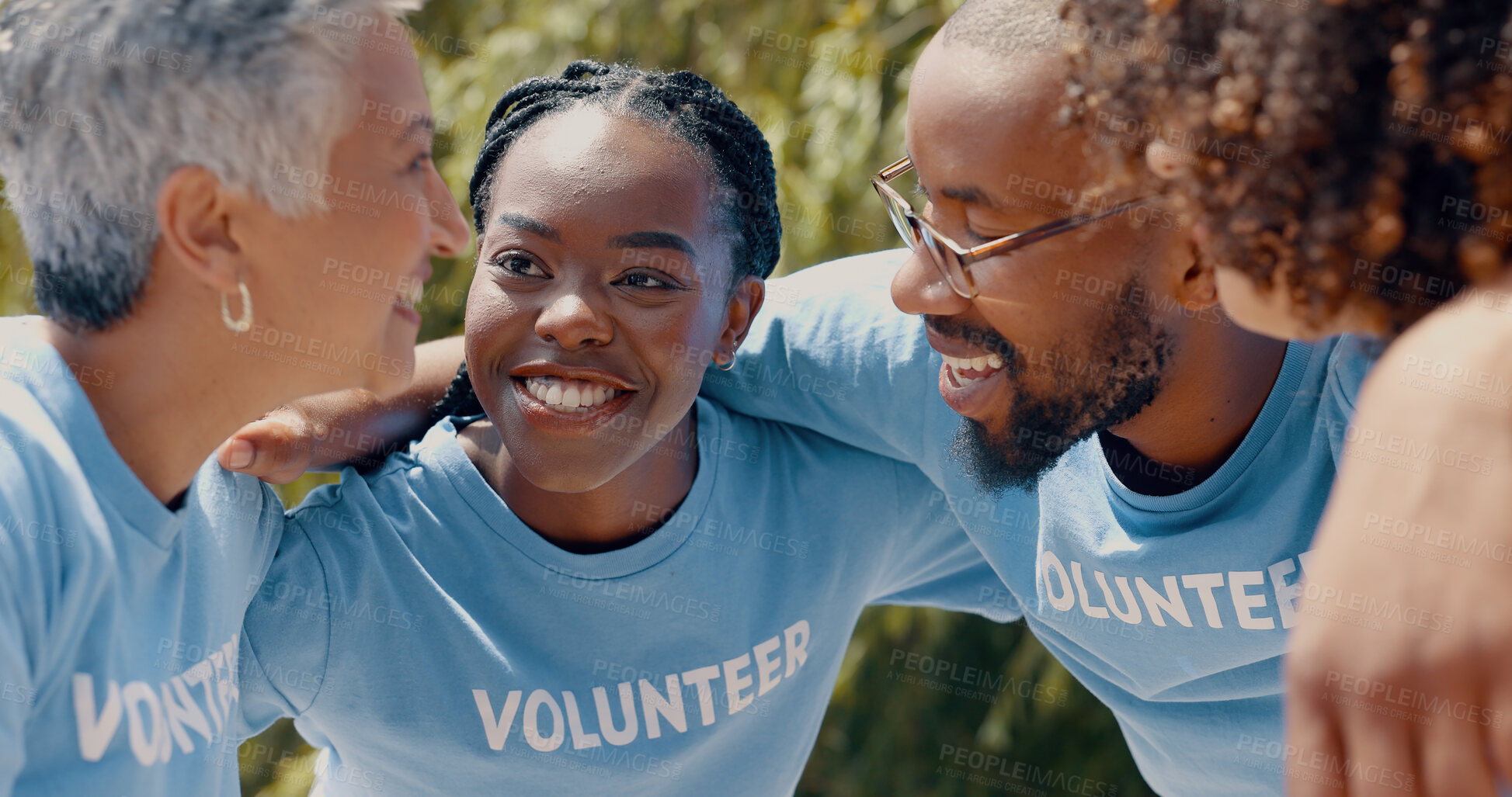 Buy stock photo Community, huddle and volunteer team talking outdoor together for charity or welfare planning. Earth day, collaboration and diversity with group of people speaking about recycling for environment