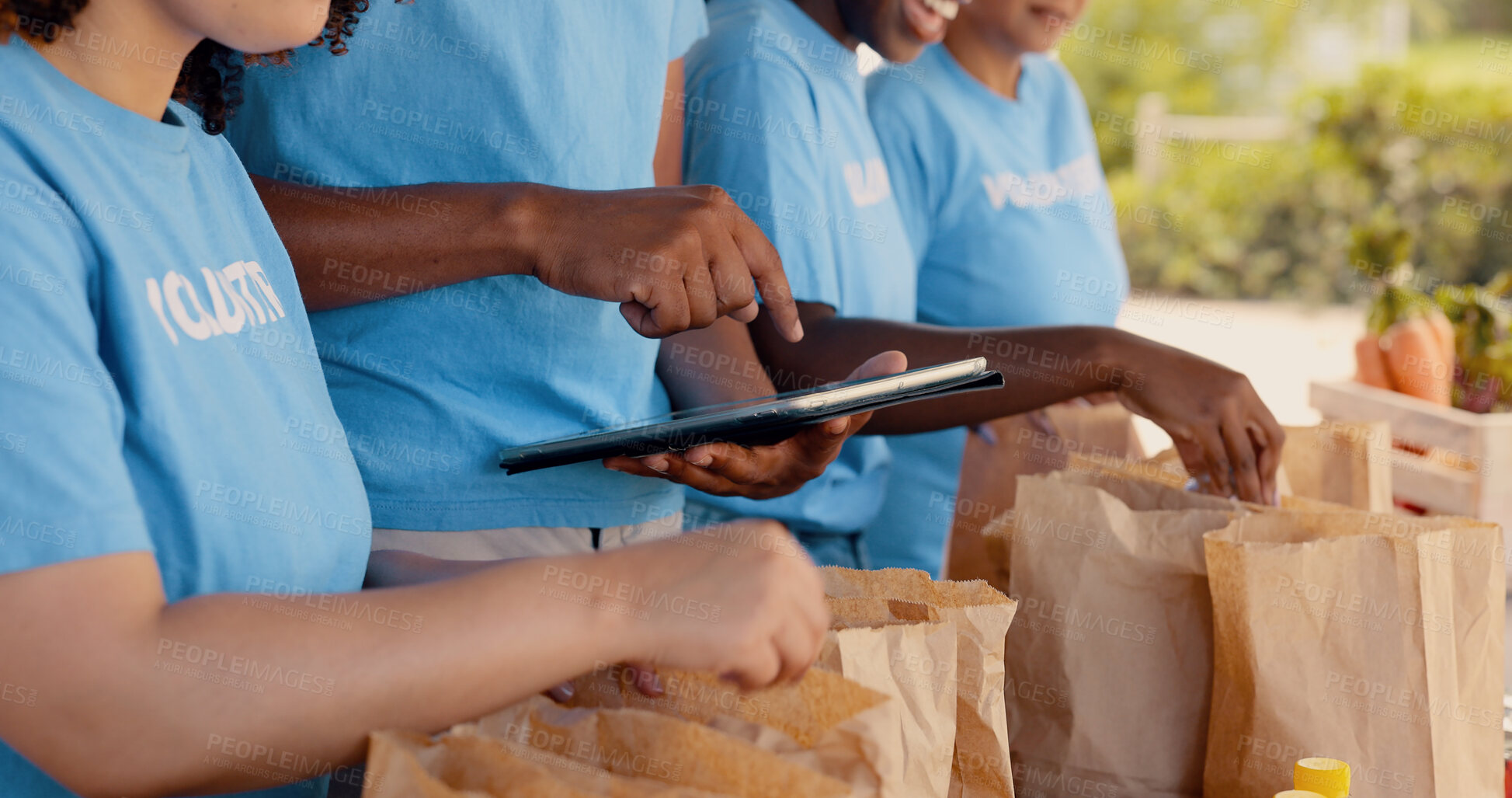 Buy stock photo Volunteering, group of people and tablet for food donation, community service and poverty support with NGO checklist. Nonprofit manager, teamwork and groceries bag for distribution or charity project