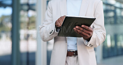Hands, outdoor and business with man, tablet and internet with connection, digital app and network. Closeup, professional and employee in a city, technology and entrepreneur with social media and app