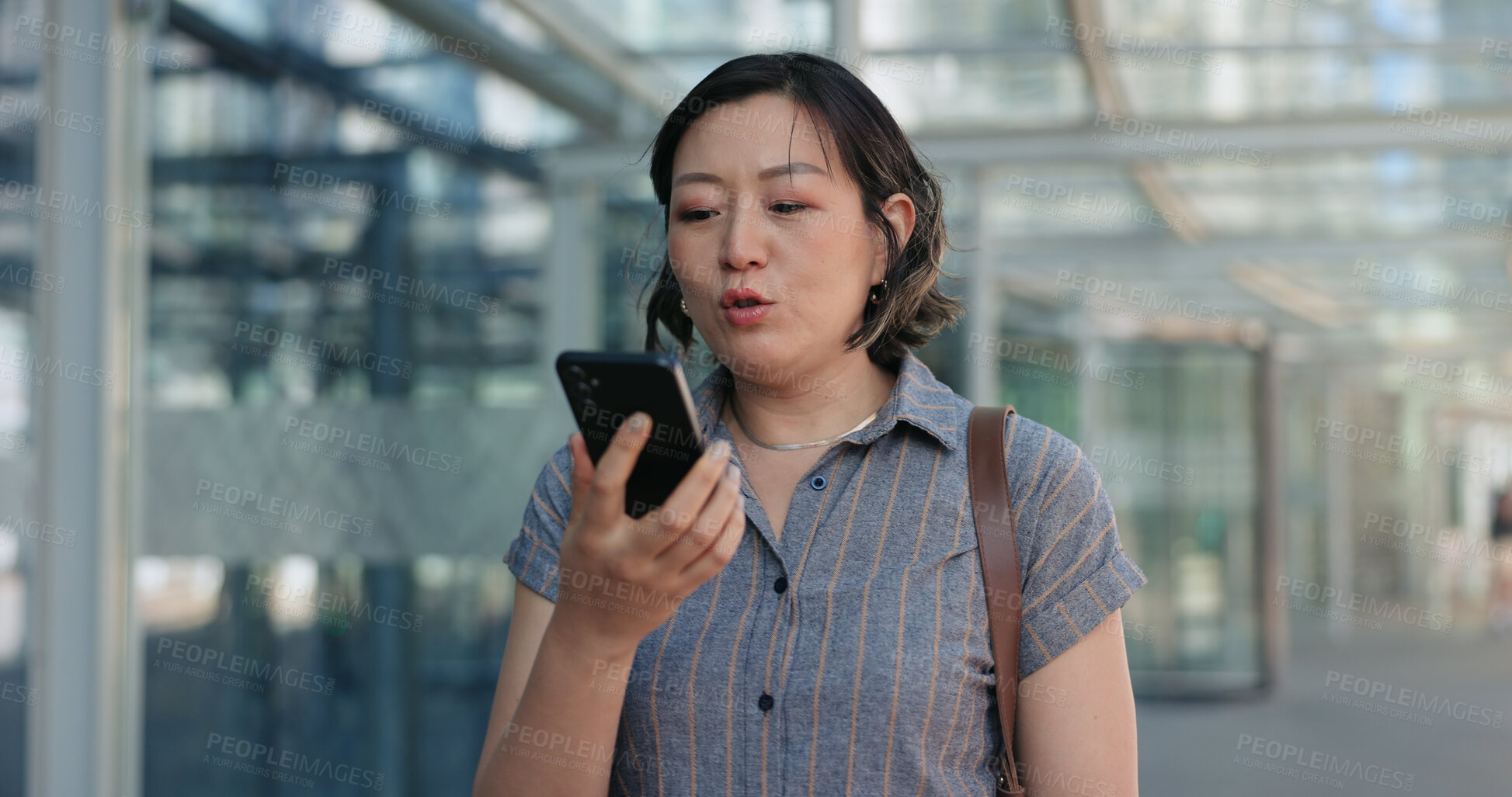 Buy stock photo Speaker, phone call and business woman in office building for community, networking or negotiation. Smartphone, search or Japanese female entrepreneur with voice assistant, reminder or crm management