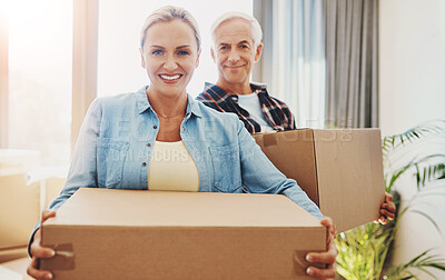 Buy stock photo Senior couple, box and portrait in new home with smile for marriage, property ownership and relocation. Happy, man and woman with cardboard container in partnership for moving, investment and packing