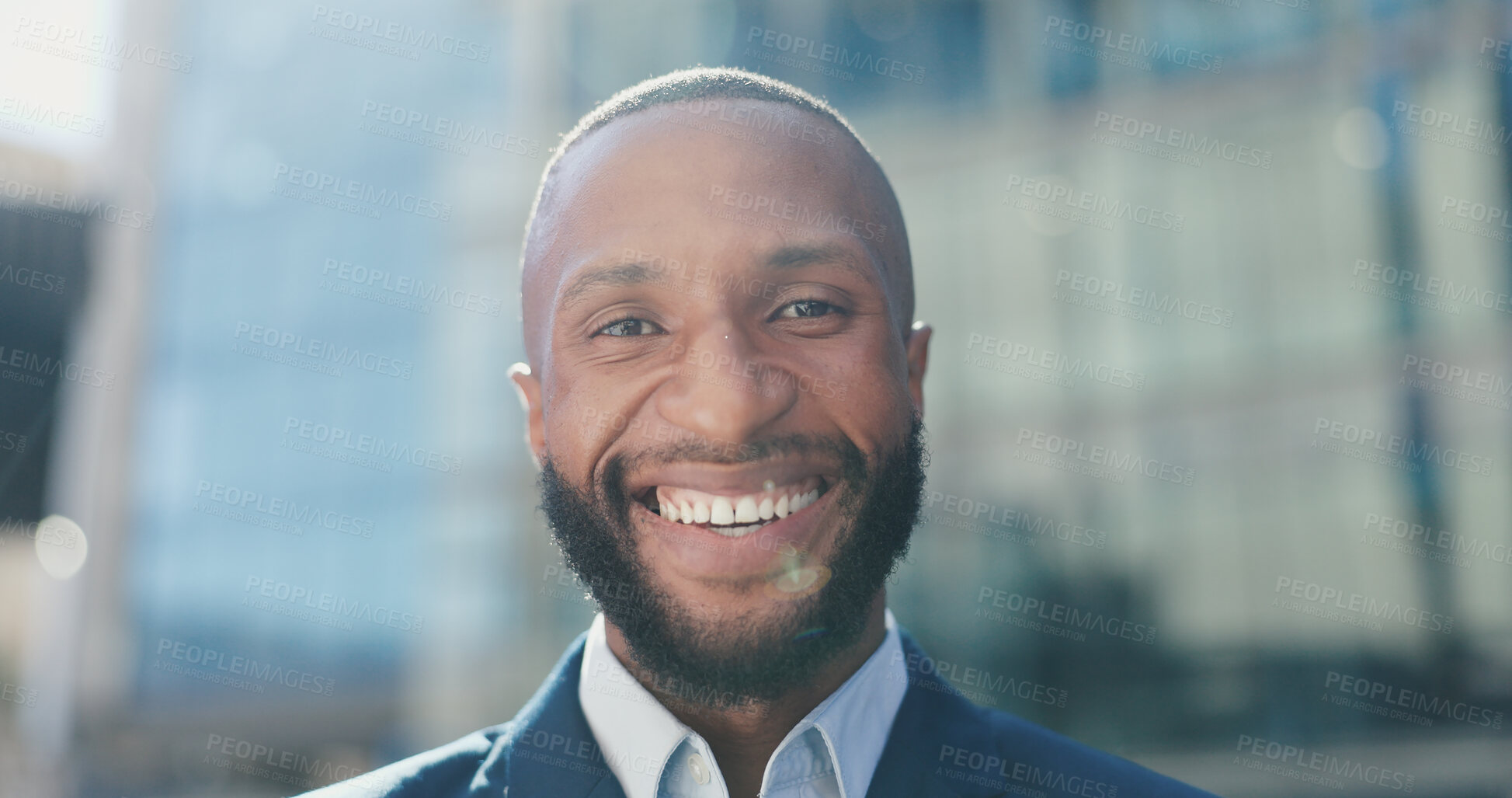 Buy stock photo Black business man, face and smile in street for confidence, pride or career by office buildings. African person, corporate employee and outdoor on metro sidewalk for commute, travel or happy in city